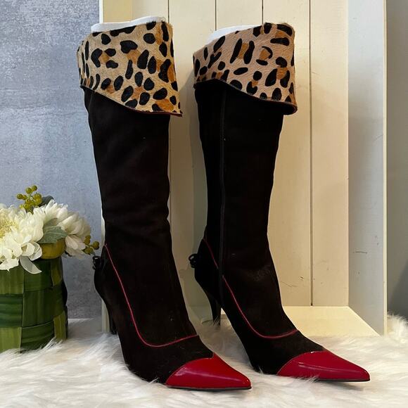 N.Y.L.A. Shoes - NEW NYLA Suede Leopard Hair Calf Ryba Classic High Heel Knee Boots Chocolate…